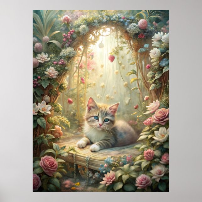 Póster Hermoso Gatito en el Jardín Rosa (Shabby Chic) (Frente)