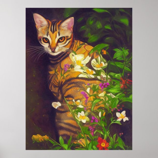 Póster Hermoso gato abisano en un jardín nocturno (Frente)
