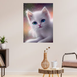 Póster Hermoso Gato Blanco Esponjoso de Fantasía