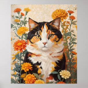 Póster Hermoso Gato Calico Con Flores Marigold