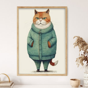 Póster Hermoso gato ginger en suéter verde, gato divertid