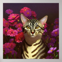 Hermoso gato Mau egipcio en un jardín nocturno