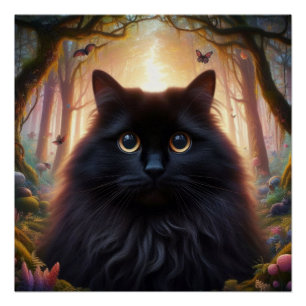 Póster Hermoso Gato Negro Fluffy con Ojos de Oro
