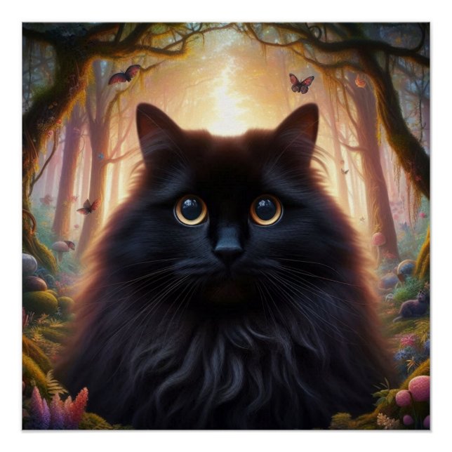 Póster Hermoso Gato Negro Fluffy con Ojos de Oro (Anverso)