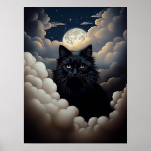 Póster Hermoso Gato Negro Sentado En Las Nubes