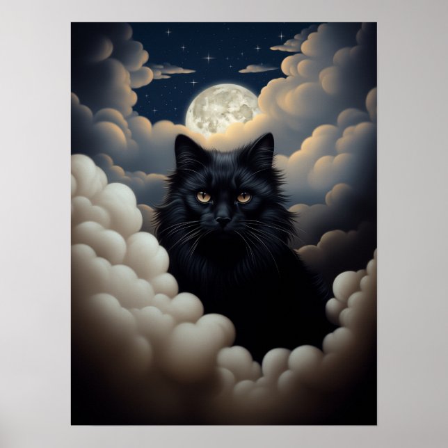 Póster Hermoso Gato Negro Sentado En Las Nubes (Frente)