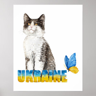 Póster Hermoso Gato y Mariposa de Ucrania en Acuarela