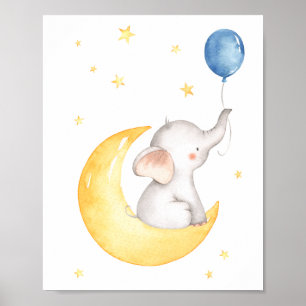 Póster Hermoso globo de luna de estrellas de elefante par