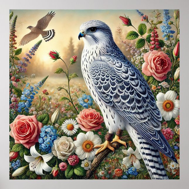 Póster Hermoso halcón posado en medio de flores vibrantes (Frente)