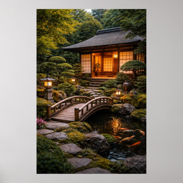 Póster Hermoso hogar y jardín japonés (Frente)