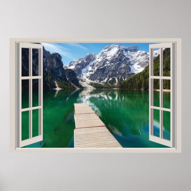 Póster Hermoso Lago A Través De La Ventana Poster, Ventan (Frente)