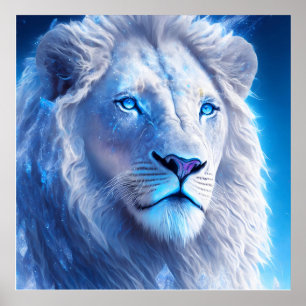 Póster Hermoso león místico blanco con ojos azules