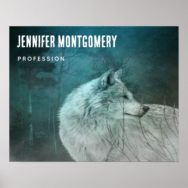 Póster Hermoso lobo gris en un negocio forestal oscuro (Frente)