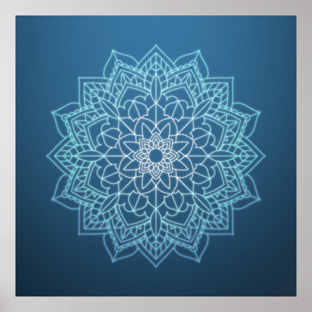 Póster Hermoso Mandala azul con monograma (Frente)