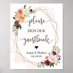 Póster Hermoso marco floral de Moda Rótulo Boda libro de