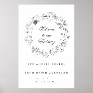 Póster Hermoso Monograma Floral Bienvenida Boda Esbozada