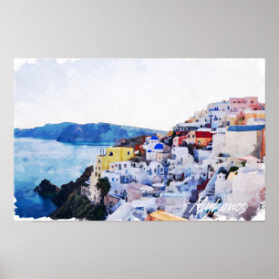 Póster Hermoso Mykonos Grecia Panorama Vista Vintage