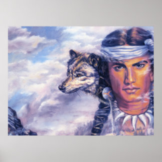 Póster Hermoso nativo americano con lobo
