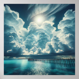 Póster Hermoso océano, muelle y nubes esponjosas