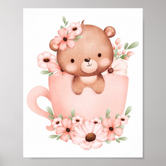 Póster Hermoso osito de peluche rosa en una taza con flor (Frente)