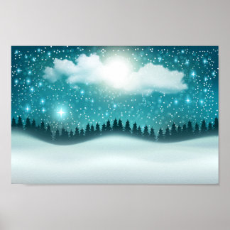 Póster Hermoso paisaje de bosque nocturno de invierno