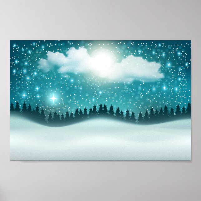 Póster Hermoso paisaje de bosque nocturno de invierno (Frente)