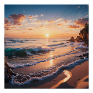 Póster Hermoso paisaje de playa y atardecer