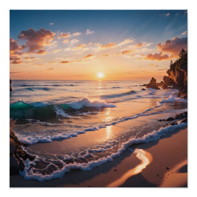 Póster Hermoso paisaje de playa y atardecer (Anverso)
