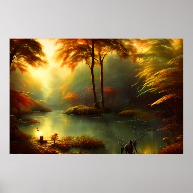 Póster Hermoso paisaje Lago de los árboles otoñales dorad (Frente)