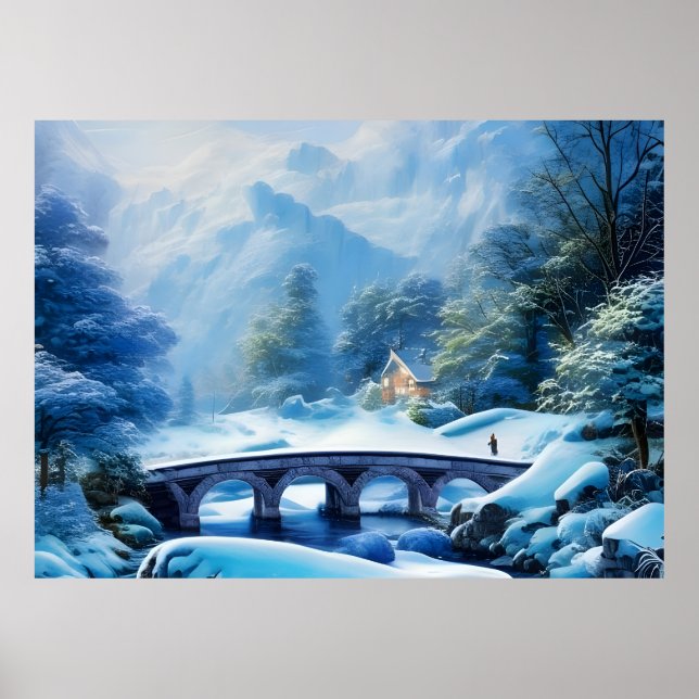 Póster Hermoso paisaje lleno de nieve con puente de piedr (Frente)