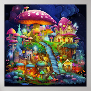 Póster Hermoso Paisaje Mágico de Fantasía Colorida