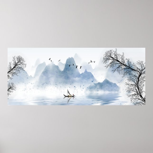 Póster Hermoso paisaje natural chino de tinta (Frente)