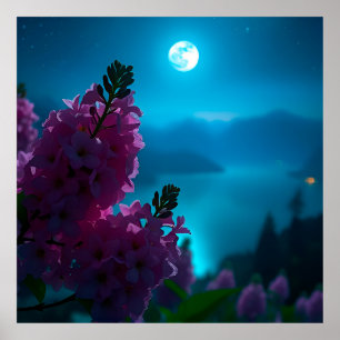 Póster Hermoso paisaje nocturno con flores y luna