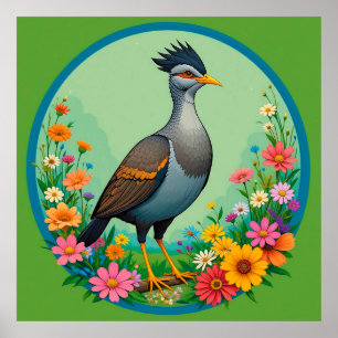 Póster Hermoso pájaro exótico descansando entre flores co