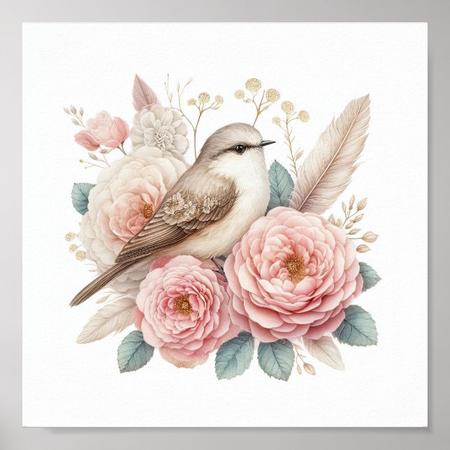 Póster Hermoso pájaro y rosas (Frente)