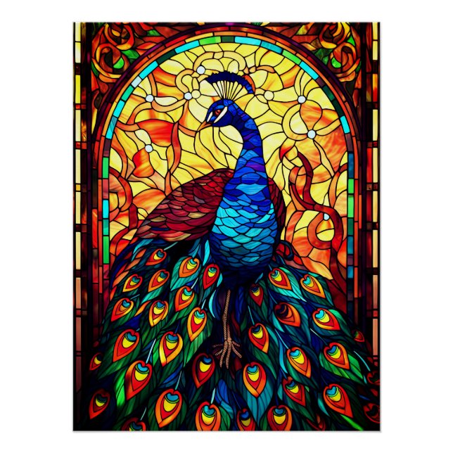 Póster Hermoso Peacock Vidrio Manchado (Anverso)