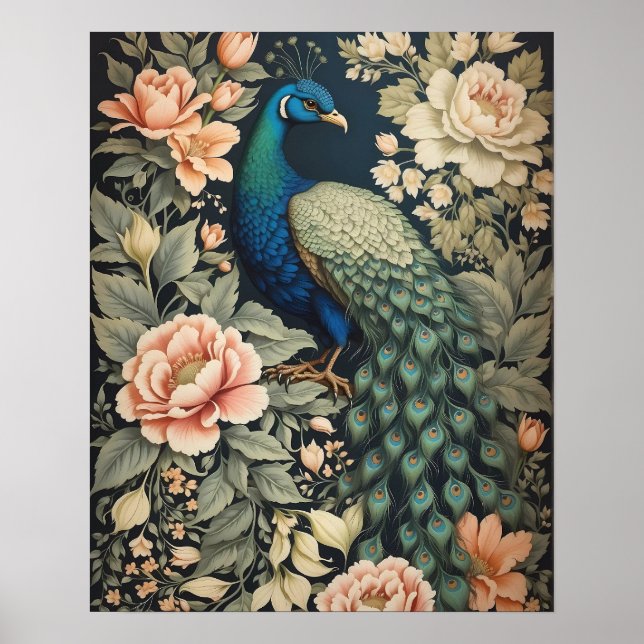 Póster Hermoso Peacock William Morris inspiró la floral (Frente)