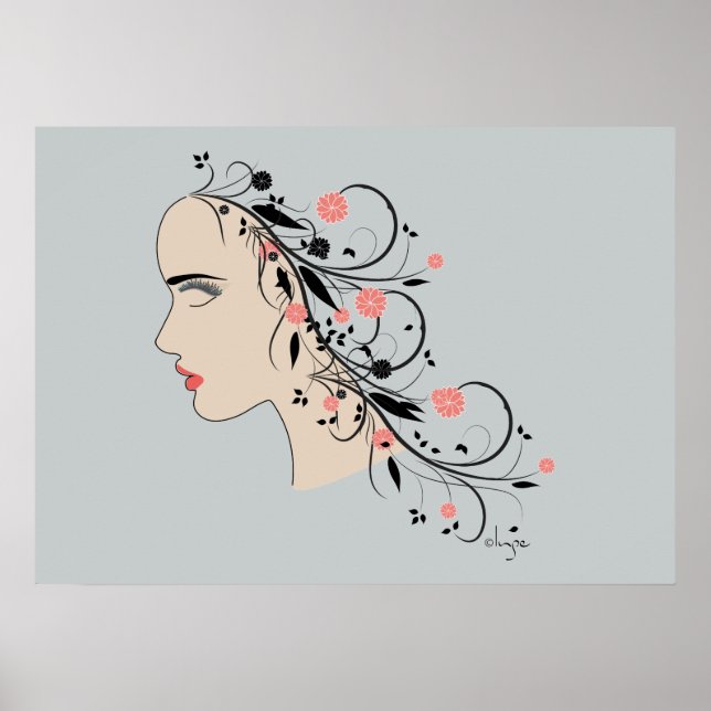Póster Hermoso perfil de mujer con flores y remolinos (Frente)