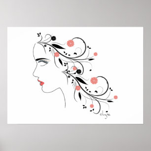 Póster Hermoso perfil de mujer con flores y remolinos