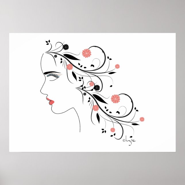 Póster Hermoso perfil de mujer con flores y remolinos (Frente)