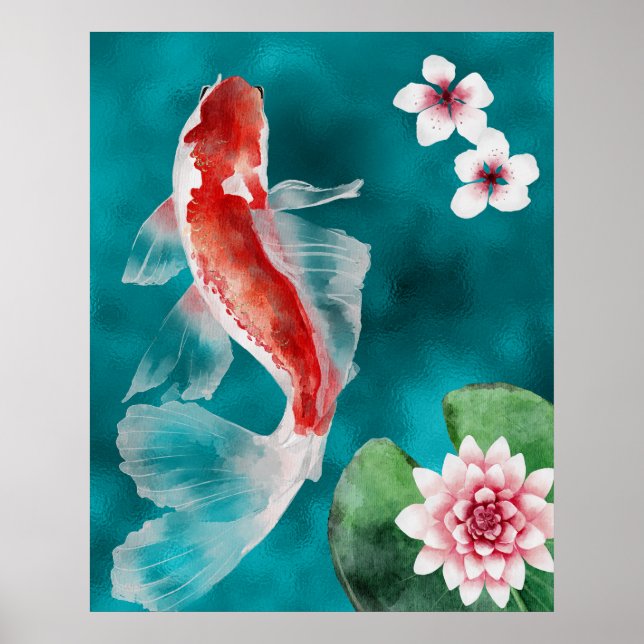 Póster Hermoso pescado japonés de Koi y cerezo en flor Ja (Frente)