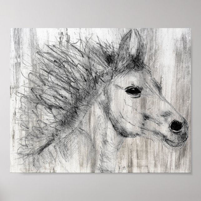 Póster Hermoso Poster de esbozo de caballos blancos y neg (Frente)