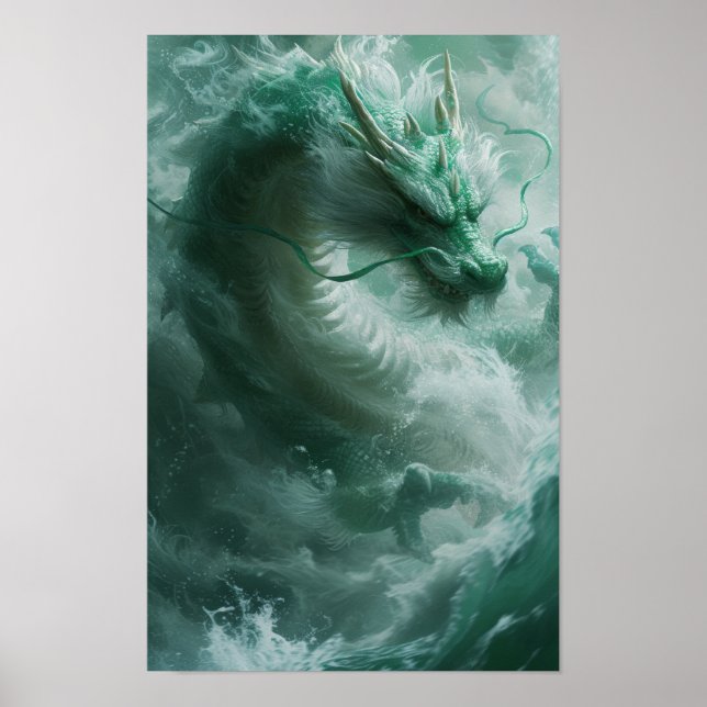 Póster Hermoso Poster de natación de dragón verde y blanc (Frente)