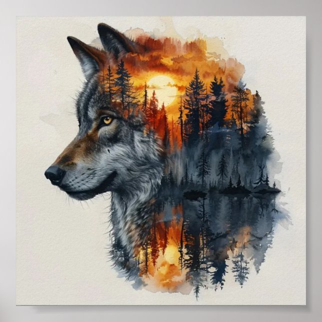 Póster Hermoso Poster de pared salvaje de lobo 3D (Frente)