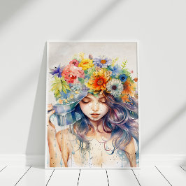 Póster Hermoso retrato Chica con flores en la cabeza