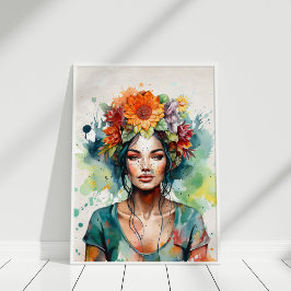 Póster Hermoso retrato Chica con flores en la cabeza