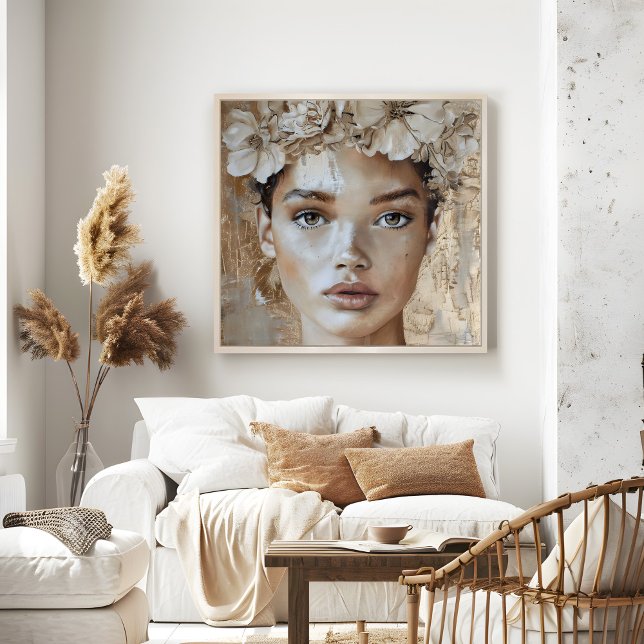 Póster Hermoso retrato floral de modelo joven de moda (Beautiful Young Fashion Model Floral Portrait Art Poster in a neutral boho living room.)