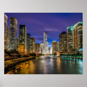 Póster Hermoso río Chicago en Sunset, Illinois