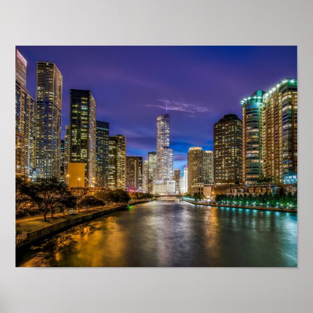 Póster Hermoso río Chicago en Sunset, Illinois (Frente)