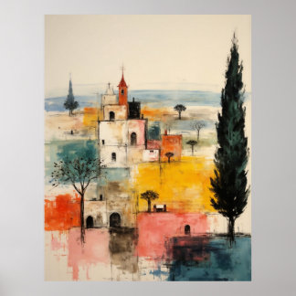 Póster Hermoso Rojo Ocre antiguo pueblo pequeño pintura